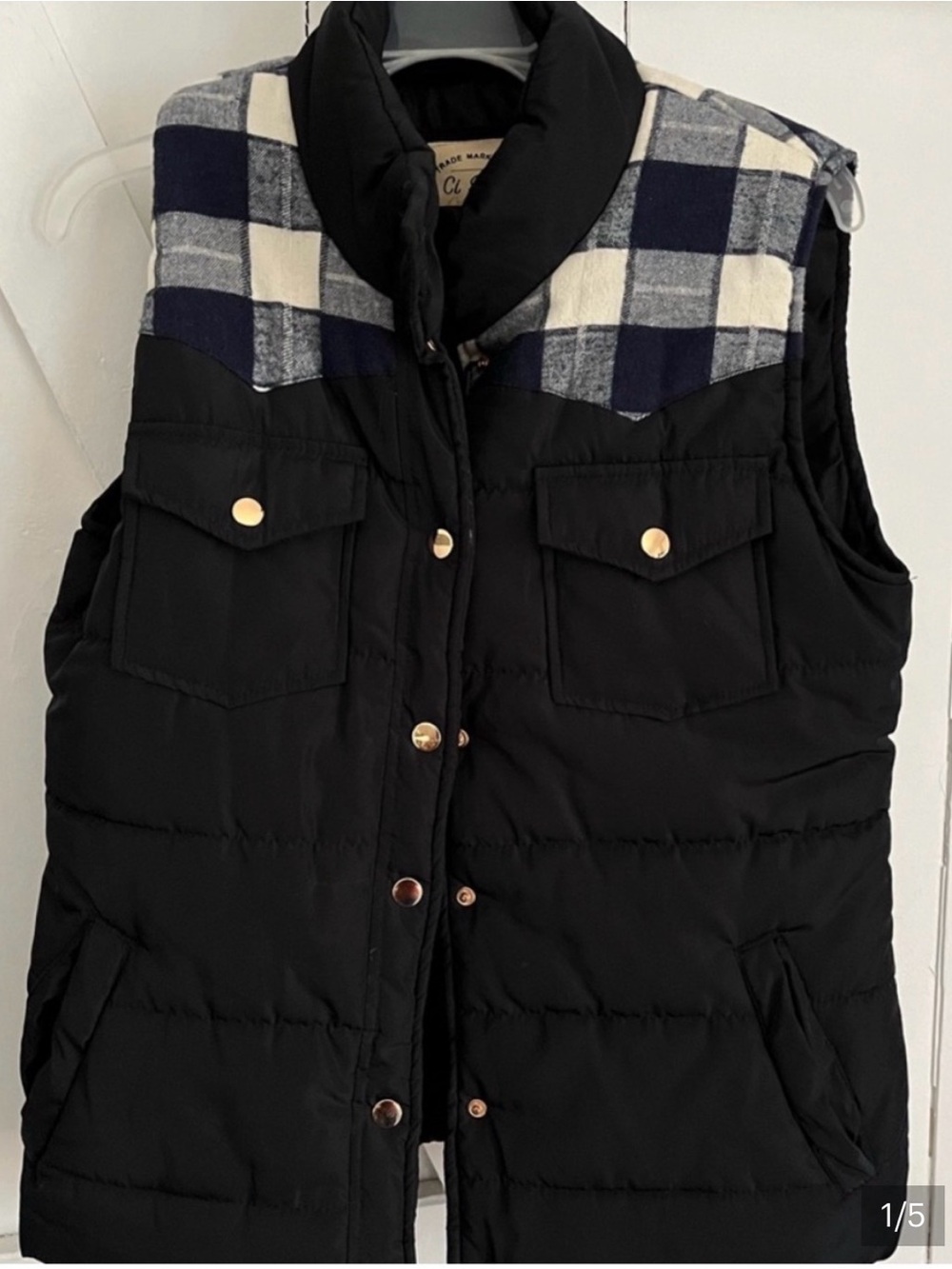 Quilted Vest with Navy Plaid Yoke - Women's Puffer Vest